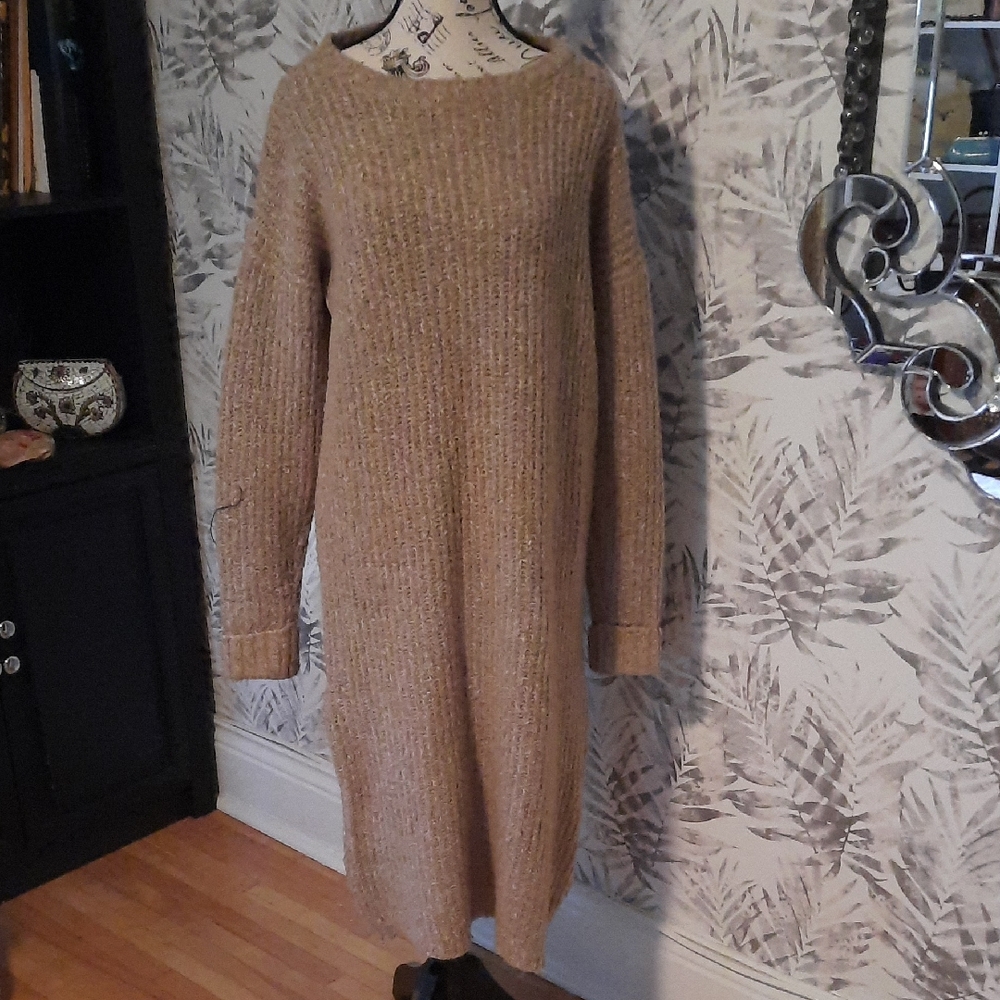Cozy Tan Knit Midi Dress